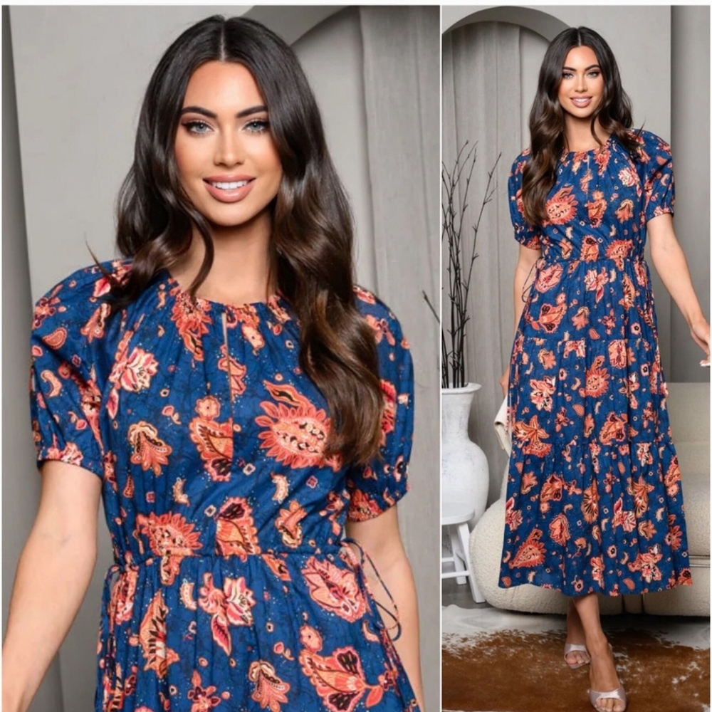 Women's Navy Boho Paisley Midi Dress NWT - S